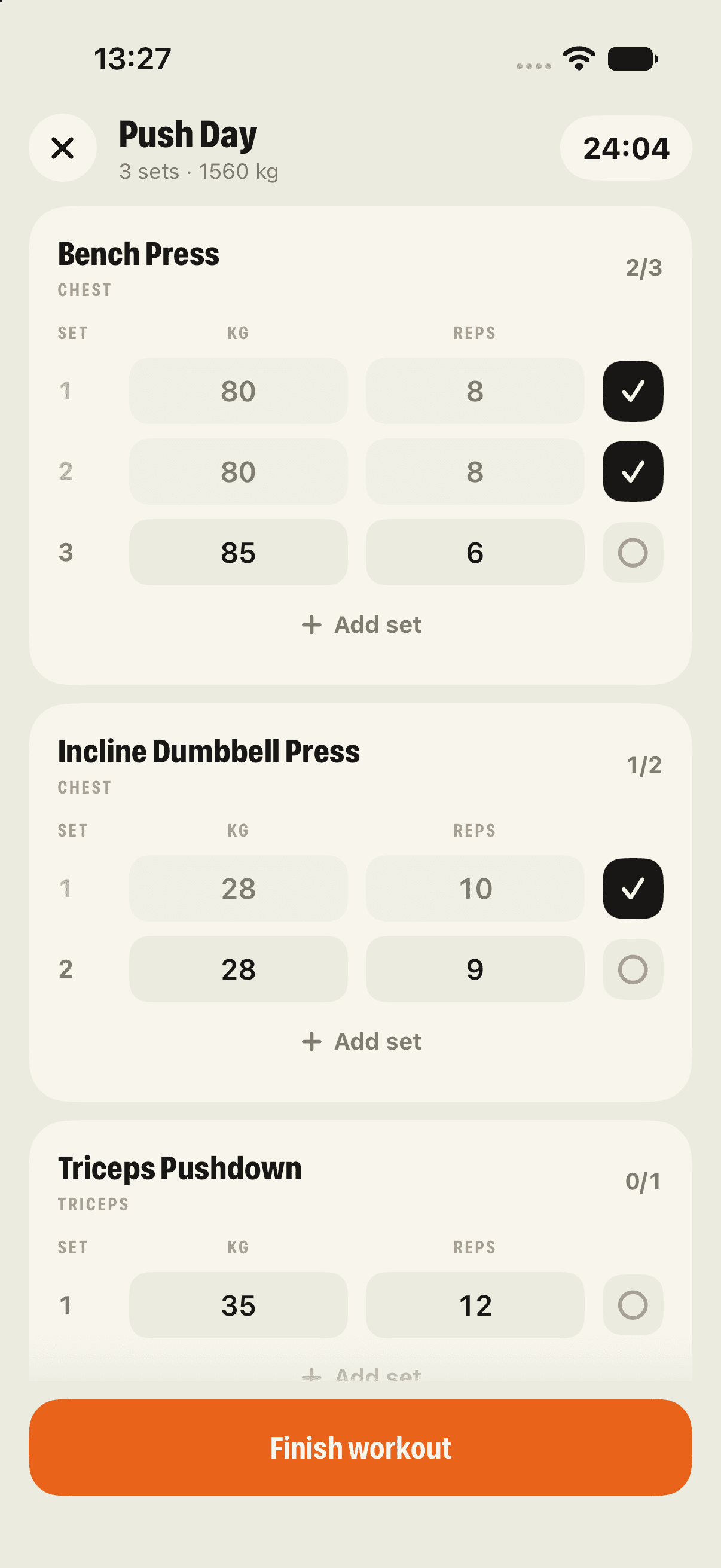 The workout logger mid-session.