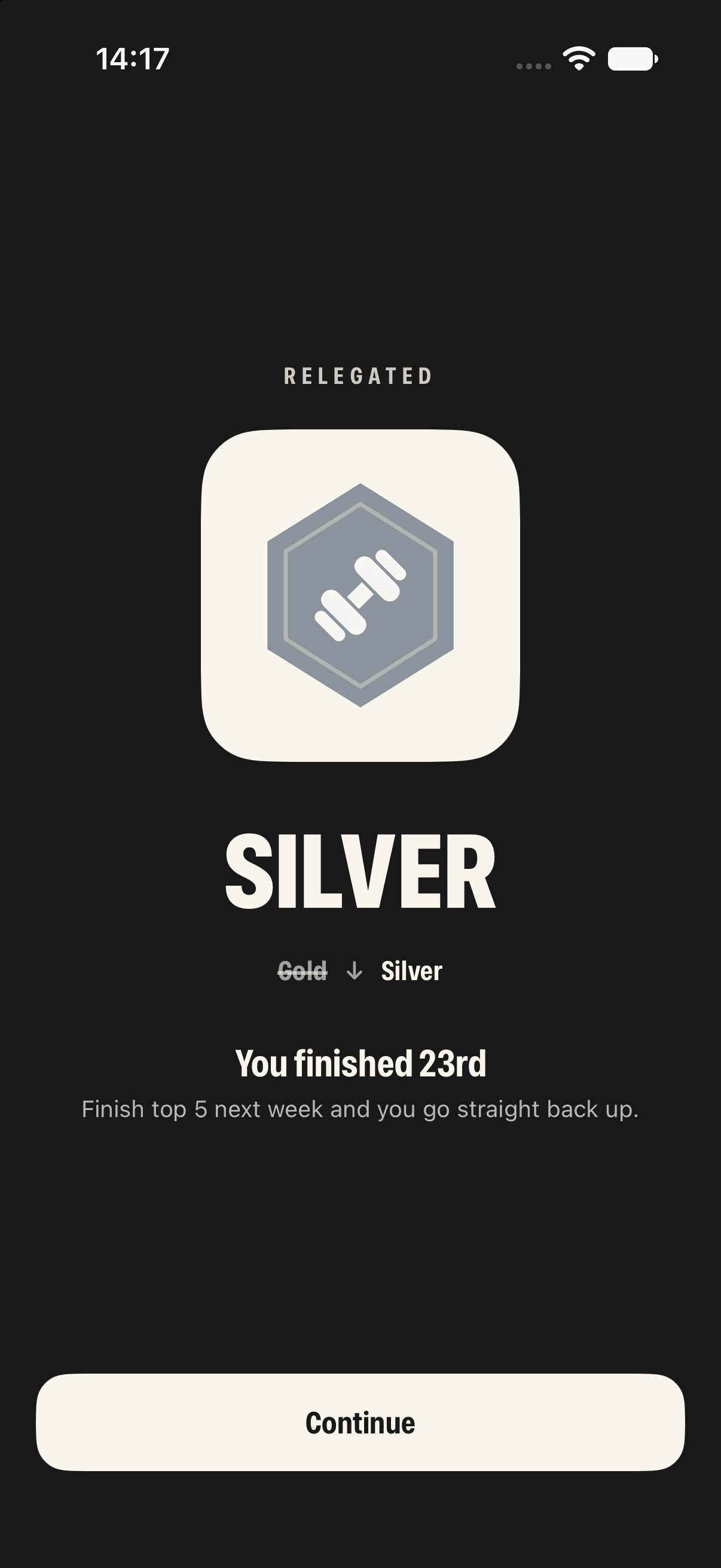The relegation screen, showing a drop from Gold to Silver.